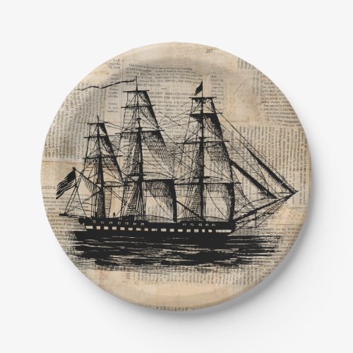 Old Fashioned Ship Art Vintage Newspaper Style Paper Plates