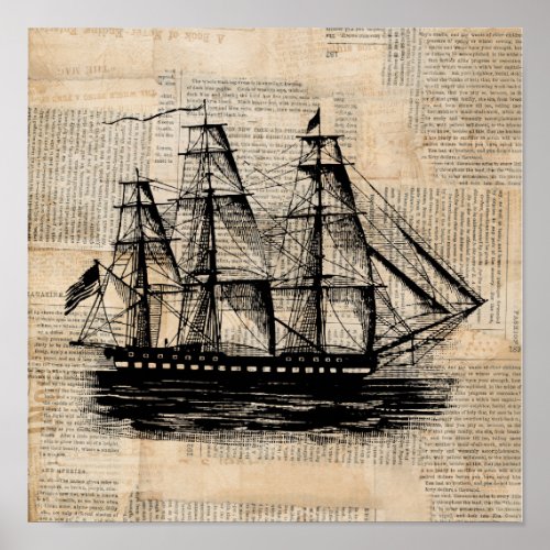 Old Fashioned Ship Art Vintage Newspaper Style Poster