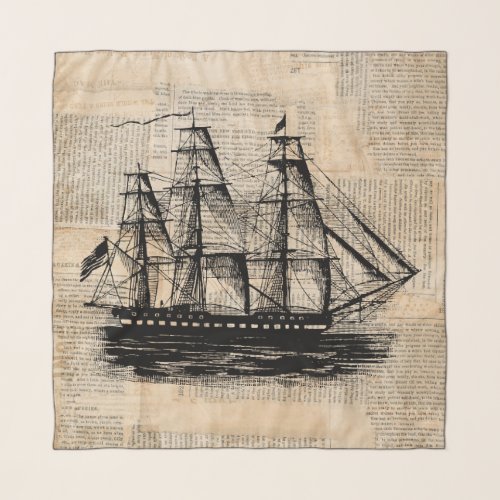 Old Fashioned Ship Art Vintage Newspaper Style Scarf
