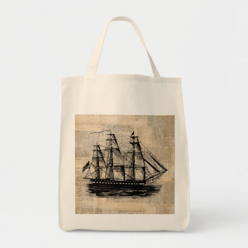 Old Fashioned Ship Art Vintage Newspaper Style Tote Bag