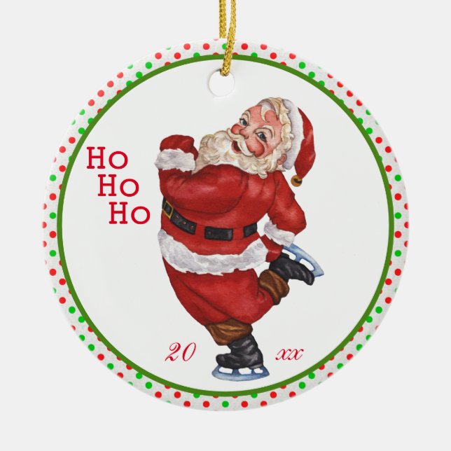 Old Fashioned Skating Santa Claus Personalized Ceramic Ornament (Front)