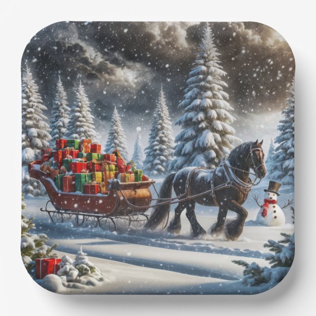 Old-fashioned Sleigh Filled Christmas Gifts Paper Plates (Front)