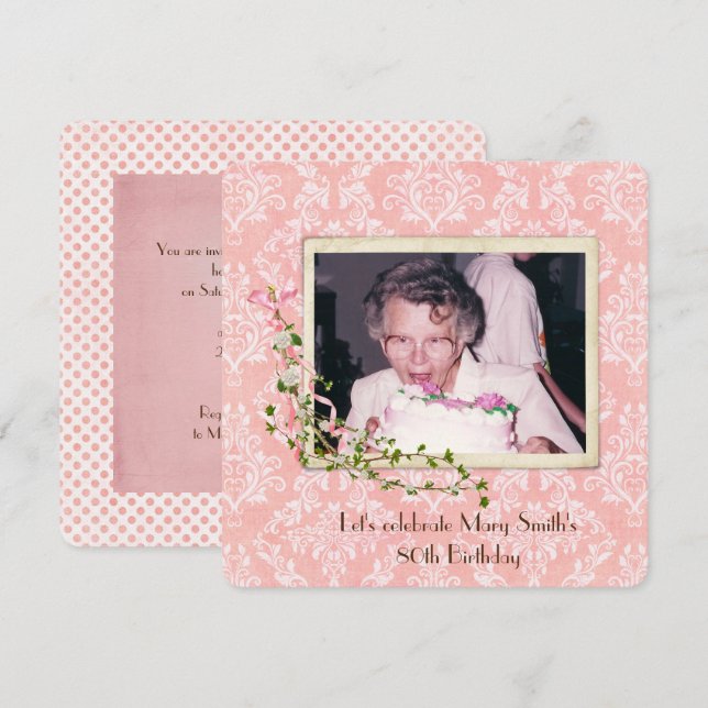 old-fashioned snapshot on damask Birthday Party Invitation (Front/Back)
