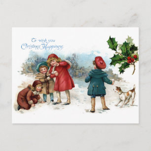 Old Fashioned Snowball Fight on Christmas Holiday Postcard