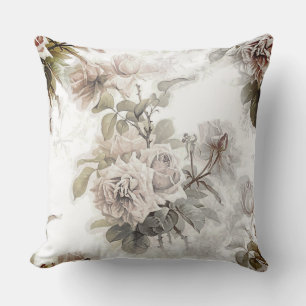 Old fashioned soft rose gray pink bouquet pattern throw pillow