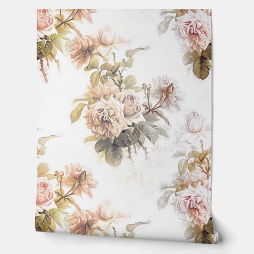 Old fashioned soft rose pink bouquet pattern flora wallpaper 