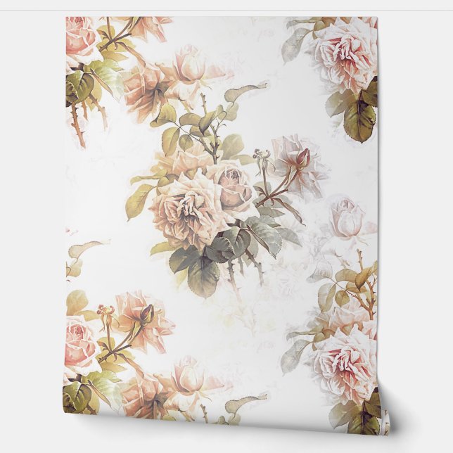 Old fashioned soft rose pink bouquet pattern flora wallpaper  (Unrolling)