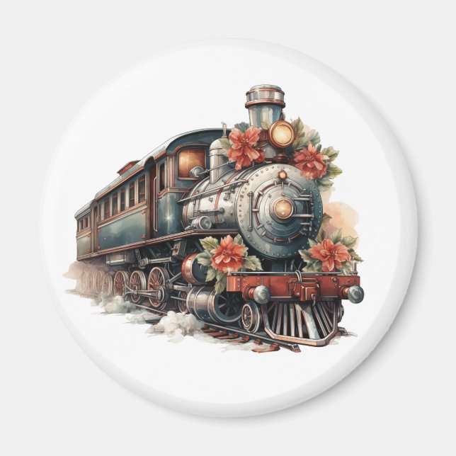 Old-Fashioned Steam Train Retro Christmas Magnet (Front)