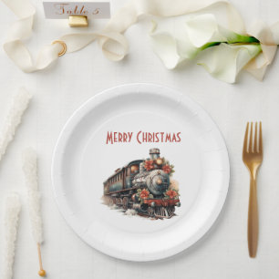 Old-Fashioned Steam Train Retro Christmas Paper Plates