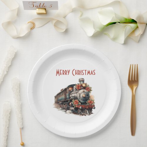 Old_Fashioned Steam Train Retro Christmas Paper Plates