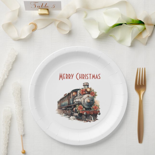 Old-Fashioned Steam Train Retro Christmas Paper Plates (Wedding)
