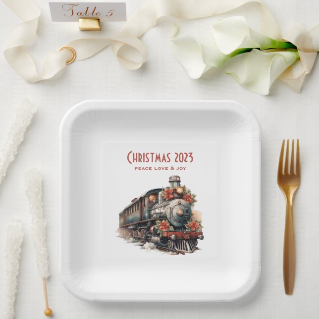 Old-Fashioned Steam Train Retro Christmas Paper Plates (Wedding)