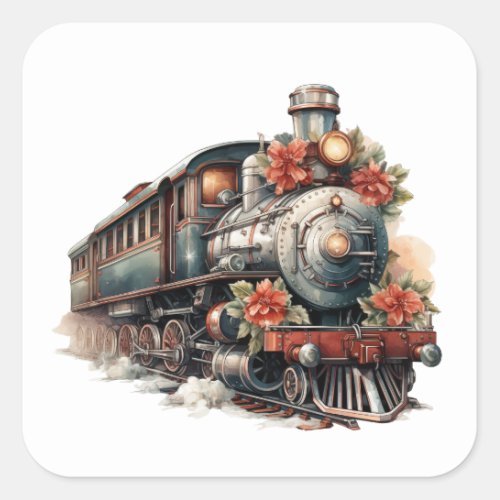 Old_Fashioned Steam Train Retro Christmas Square Sticker