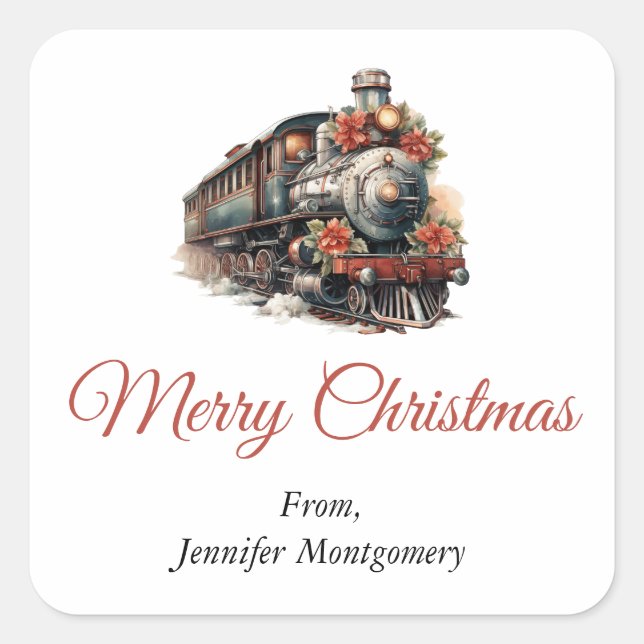 Old-Fashioned Steam Train Retro Christmas Square Sticker (Front)
