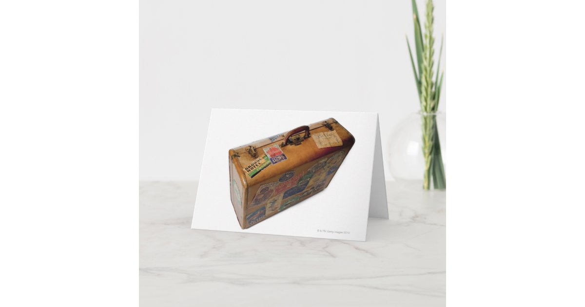 Old Fashioned Suitcase With Travel Stickers Card Zazzle 