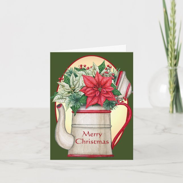Old fashioned tea pot with poinsettias Christmas Holiday Card (Front)