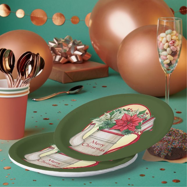 Old fashioned tea pot with poinsettias Christmas  Paper Plates (Multi)