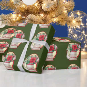 Old fashioned tea pot with poinsettias Christmas Wrapping Paper