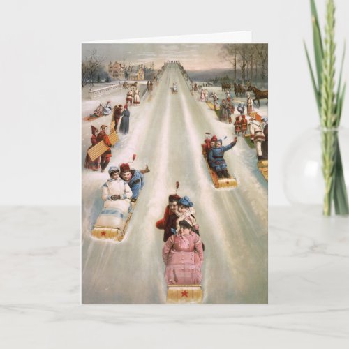 Old Fashioned Toboggan Run Vintage Christmas Holiday Card