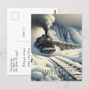 Old-Fashioned Train and Vintage Happy Holidays Postcard