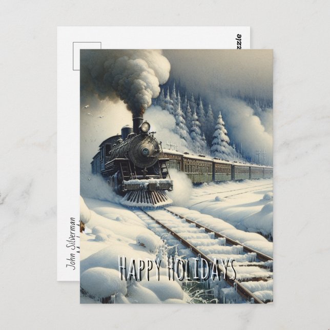 Old-Fashioned Train and Vintage Happy Holidays Postcard (Front/Back)