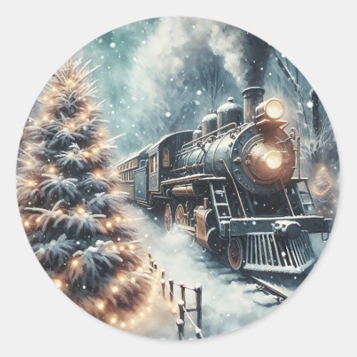Old_Fashioned Train and Vintage Winter Scene Classic Round Sticker