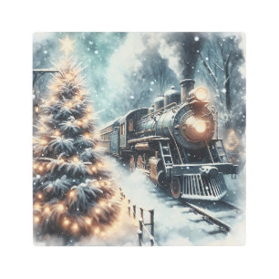 Old-Fashioned Train and Vintage Winter Scene Metal Print