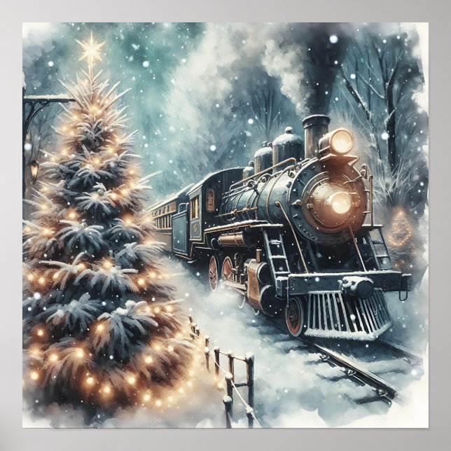 Old-Fashioned Train and Vintage Winter Scene Poster (Front)