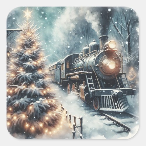 Old_Fashioned Train and Vintage Winter Scene Square Sticker