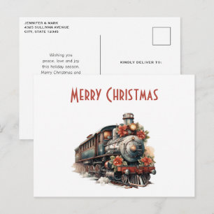 Old-Fashioned Train Retro Christmas Holiday Postcard