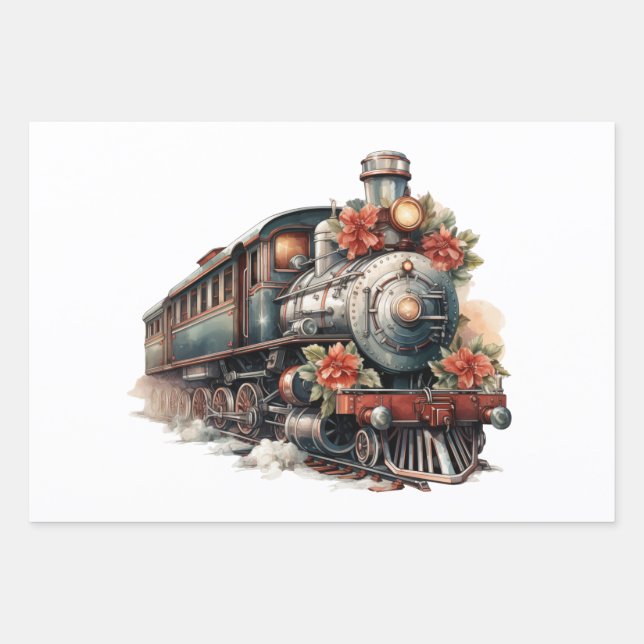 Old-Fashioned Train Retro Christmas Wrapping Paper Sheets (Front)