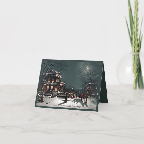 Old_fashioned Victorian card horses houses moon Holiday Card