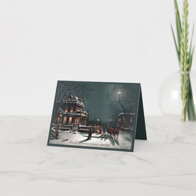 Old-fashioned Victorian card, horses houses moon. Holiday Card (Front)