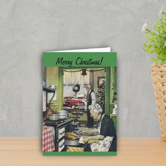 Old Fashioned Vintage Home Christmas Card (Vintage image in Grandma kitchen at holidays cooking dinner on green Merry Christmas card.)