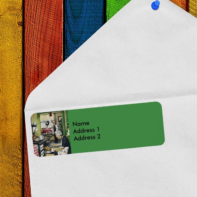 Old Fashioned Vintage Home Christmas Label (Old fashioned Holiday dinner in Grandmas kitchen on green return address labels.)