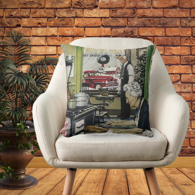 Old Fashioned Vintage Home Kitchen Christmas Throw Pillow (Vintage holiday turkey dinner in Grandma kitchen scene on decorative Christmas pillow.)