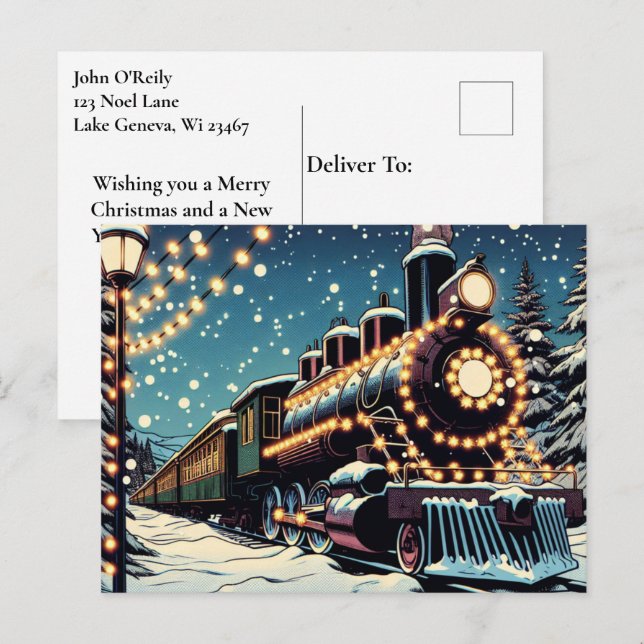 Old-fashioned Vintage Train on a Christmas Night Holiday Postcard (Front/Back)
