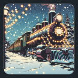 Old-fashioned Vintage Train on a Christmas Night Square Sticker<br><div class="desc">Pretty Christmas stickers with a comic book style illustration of a vintage train on a snowy Christmas night adorned in illuminated festive Christmas lights.</div>