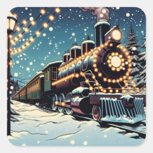 Old-fashioned Vintage Train on a Christmas Night Square Sticker