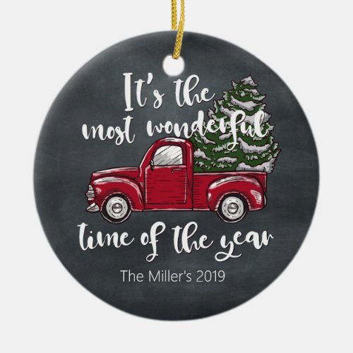 Old Fashioned Vintage Truck with Christmas Tree Ceramic Ornament