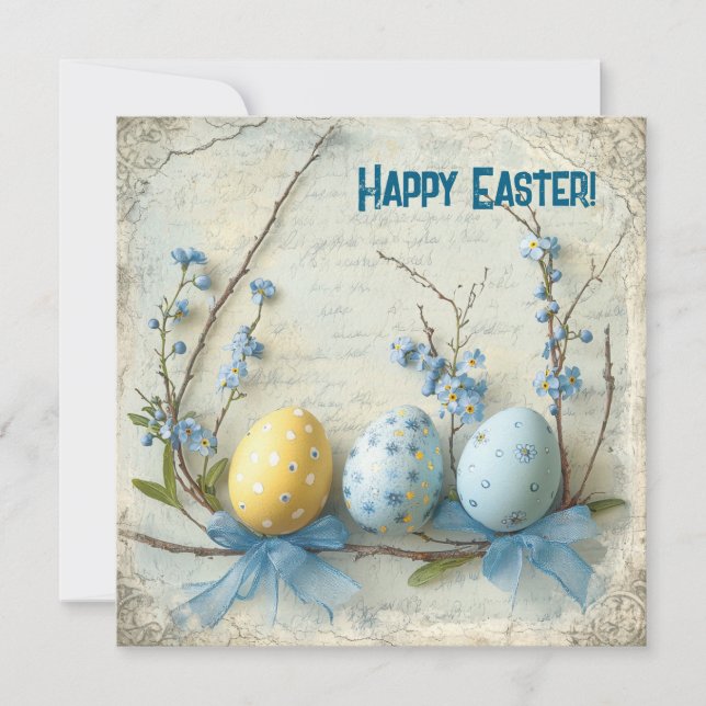 Old fashioned watercolor blue & yellow Easer eggs Holiday Card (Front)