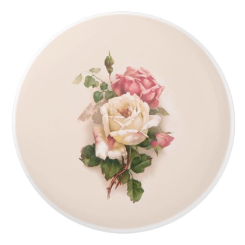 Old Fashioned WhitePink Roses_Buff Background Ceramic Knob