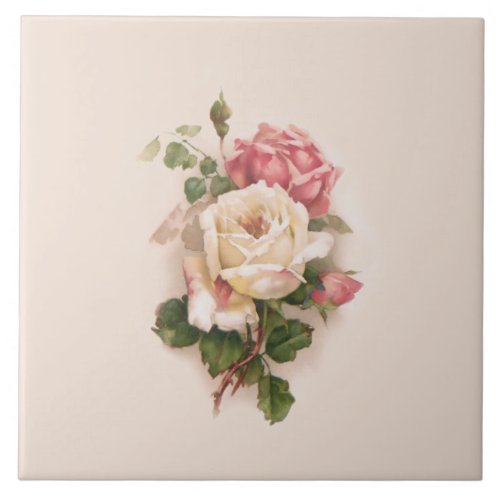 Old Fashioned WhitePink Roses_Buff Background Ceramic Tile