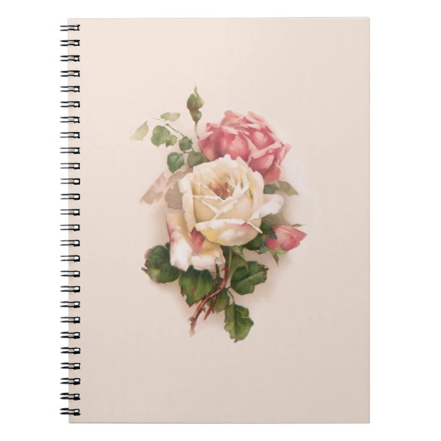 Old Fashioned White/Pink Roses-Buff Background Notebook (Front)