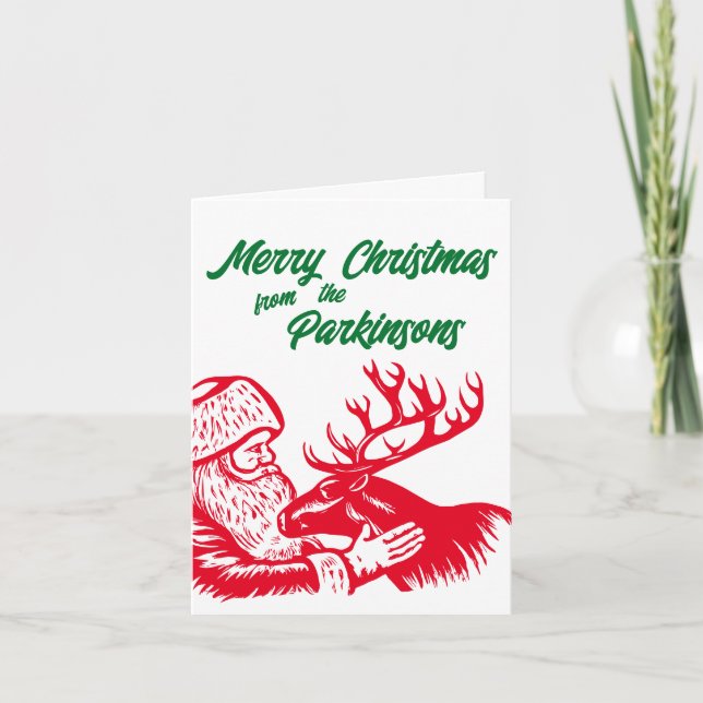 Old Fashioned Woodcut Santa Claus and Reindeer Hol Card (Front)