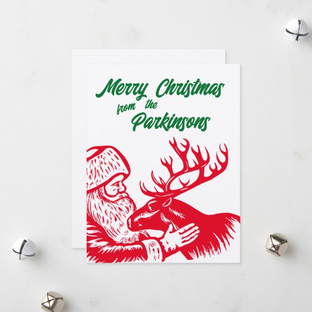 Old Fashioned Woodcut Santa Claus and Reindeer Holiday Card (Front/Back In Situ)