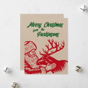 Old Fashioned Woodcut Santa Claus and Reindeer Holiday Card