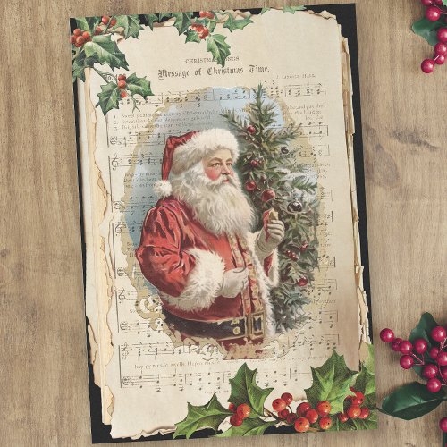 Old Father Christmas Holly  Music Decoupage Tissue Paper