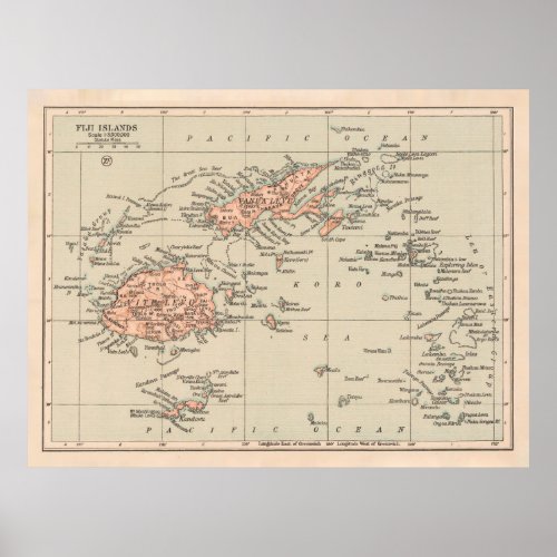 Old Fiji Map 1919 Vintage Viti Levu Atlas Poster