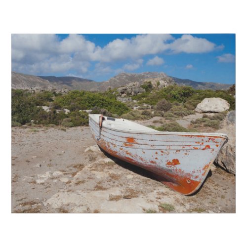 Old Fishing Boat Mountains Rocks Sand Faux Canvas Print